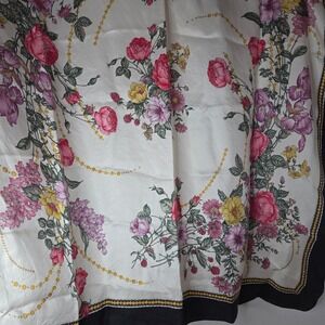 VTG Hiroko for Dozo Floral Print Silk Scarf Japan Pink Yellow Roses Black Border